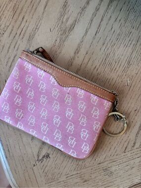 Dooney & Bourke Pink Monogram Zip Key Pouch with Tan Trim